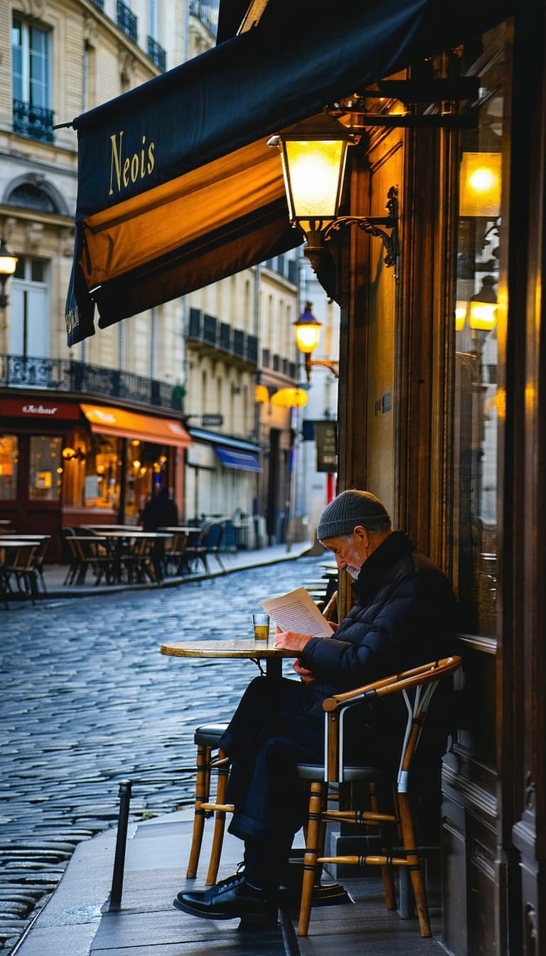 AI generated: A vintage Parisian cafe scene at dusk, with gas lamps casting a warm glow on the cobblestone street....