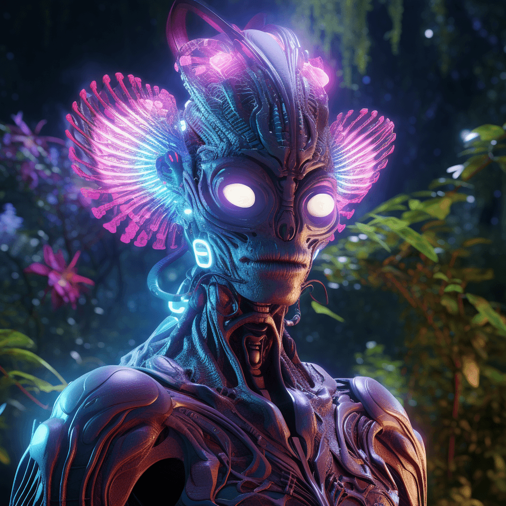AI generated: gothic illuminated anthropomorphic creature, full body,  in a Bioluminescent Forest, surreal atmosph...