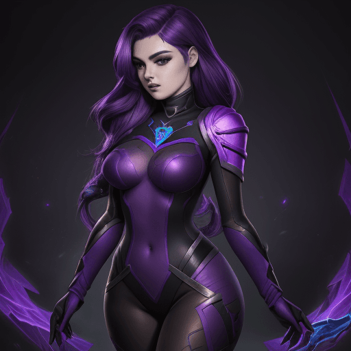 AI generated: kaisa from league of legends, dark purple hair, void suit and a patch
