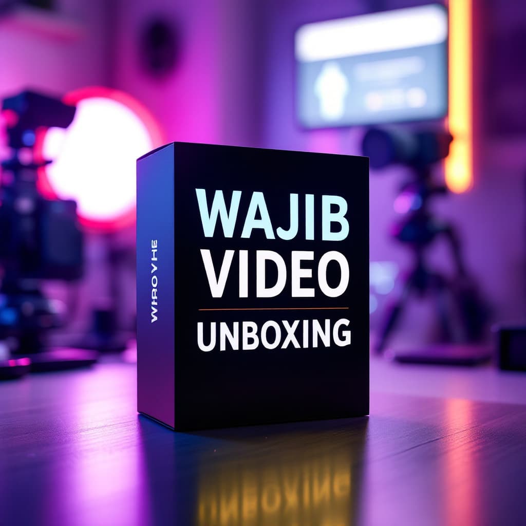 AI generated: "A modern product packaging with a bold label that says 'WAJIB VIDEO UNBOXING' in large, eye-catchin...