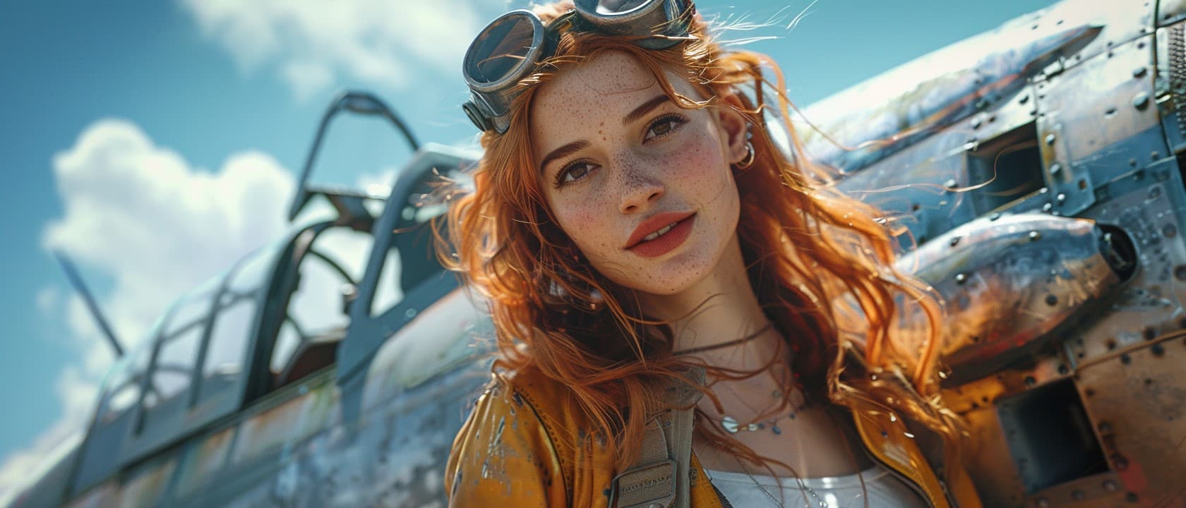 AI generated: A female aviatrix with red hair standing on the wing of a Supermarine spitfire, she is smiling at th...