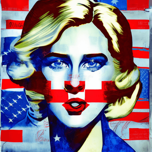 AI generated: Fresco mixed with realism and pop art with pops of blue white and red, close - up of a gorgeous blon...