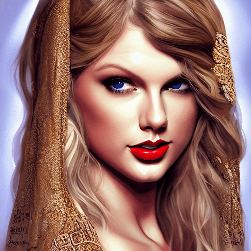 AI generated: portrait of Taylor swift as nude exotic dancer, topless, large breasts, scarf, veil, gold, belly dan...