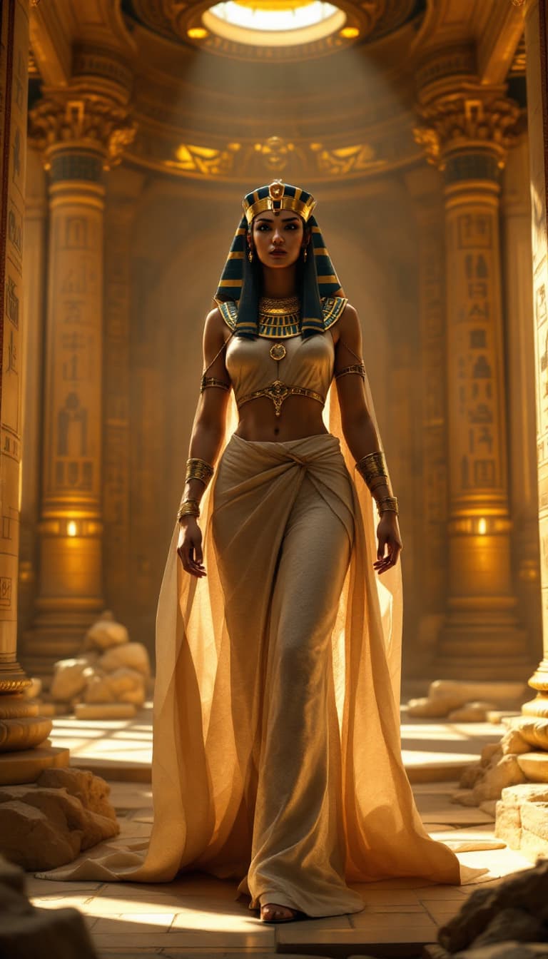 AI generated: Inspired by the Ancient Egyptian era, a stoic and regal, full-length rendering of a pharaoh in a spa...