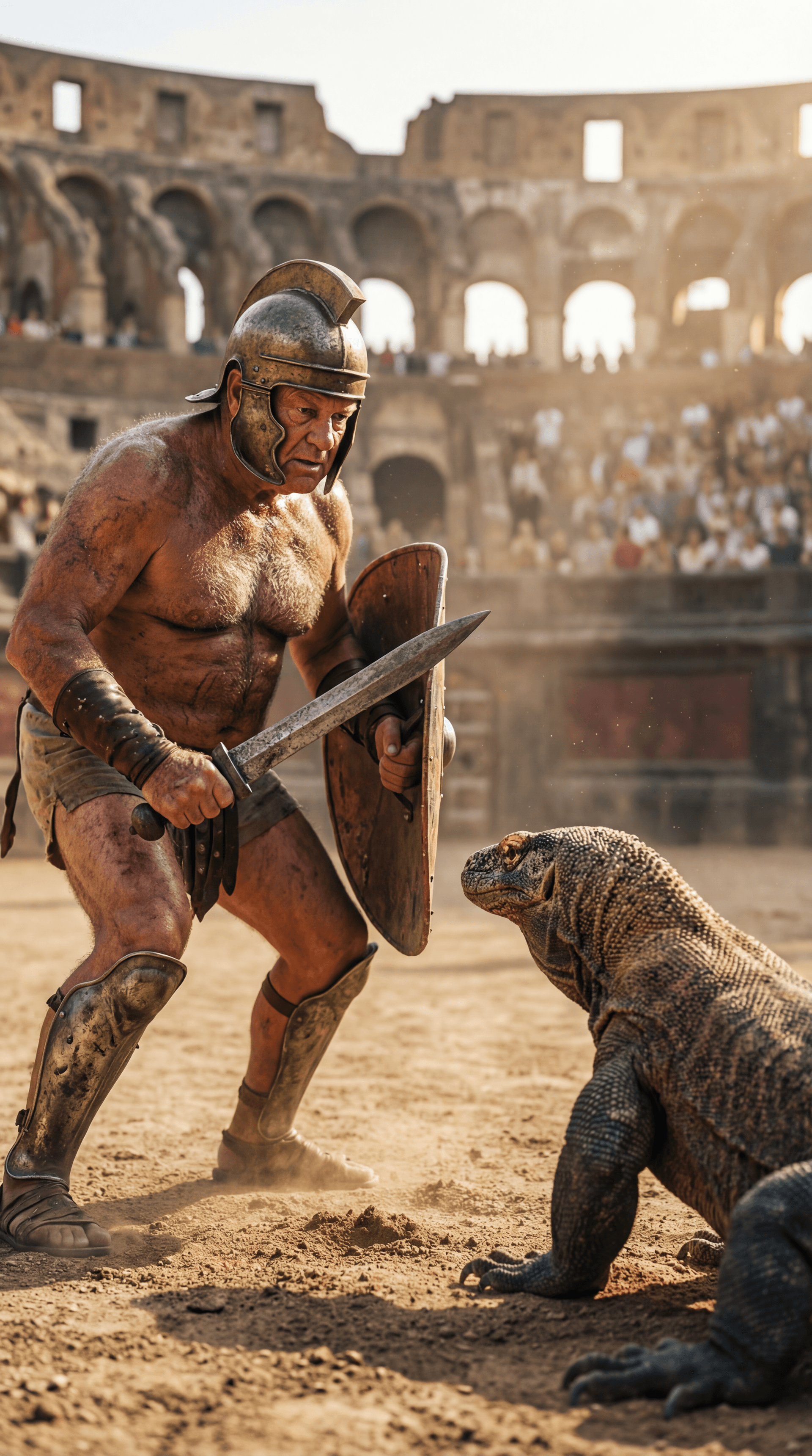 AI generated: Ultra-realistic documentary-style action photography inside the Roman Colosseum, bathed in warm gold...