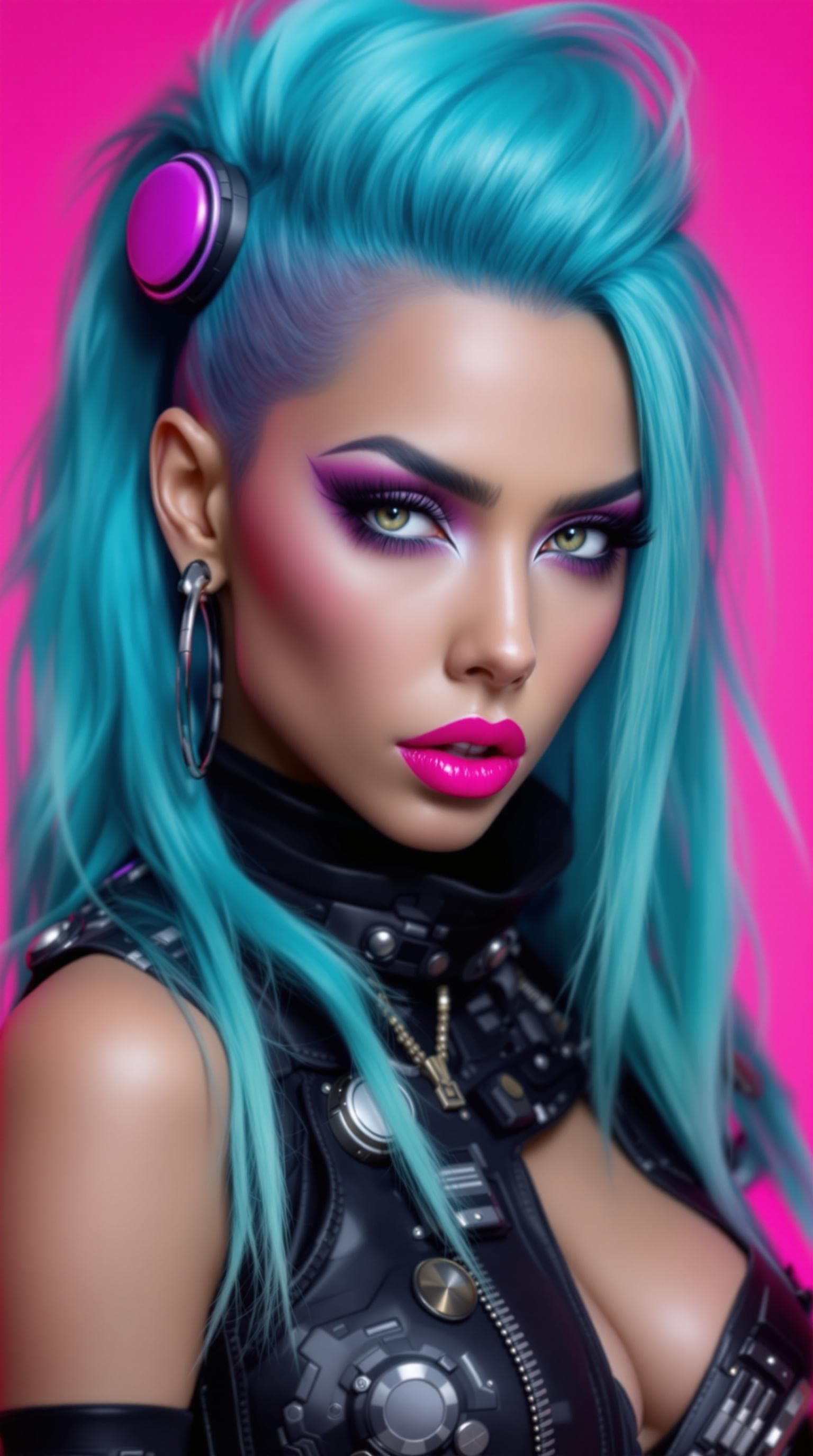 AI generated: The image features a striking female character with long, vibrant blue hair styled in an edgy, slick...