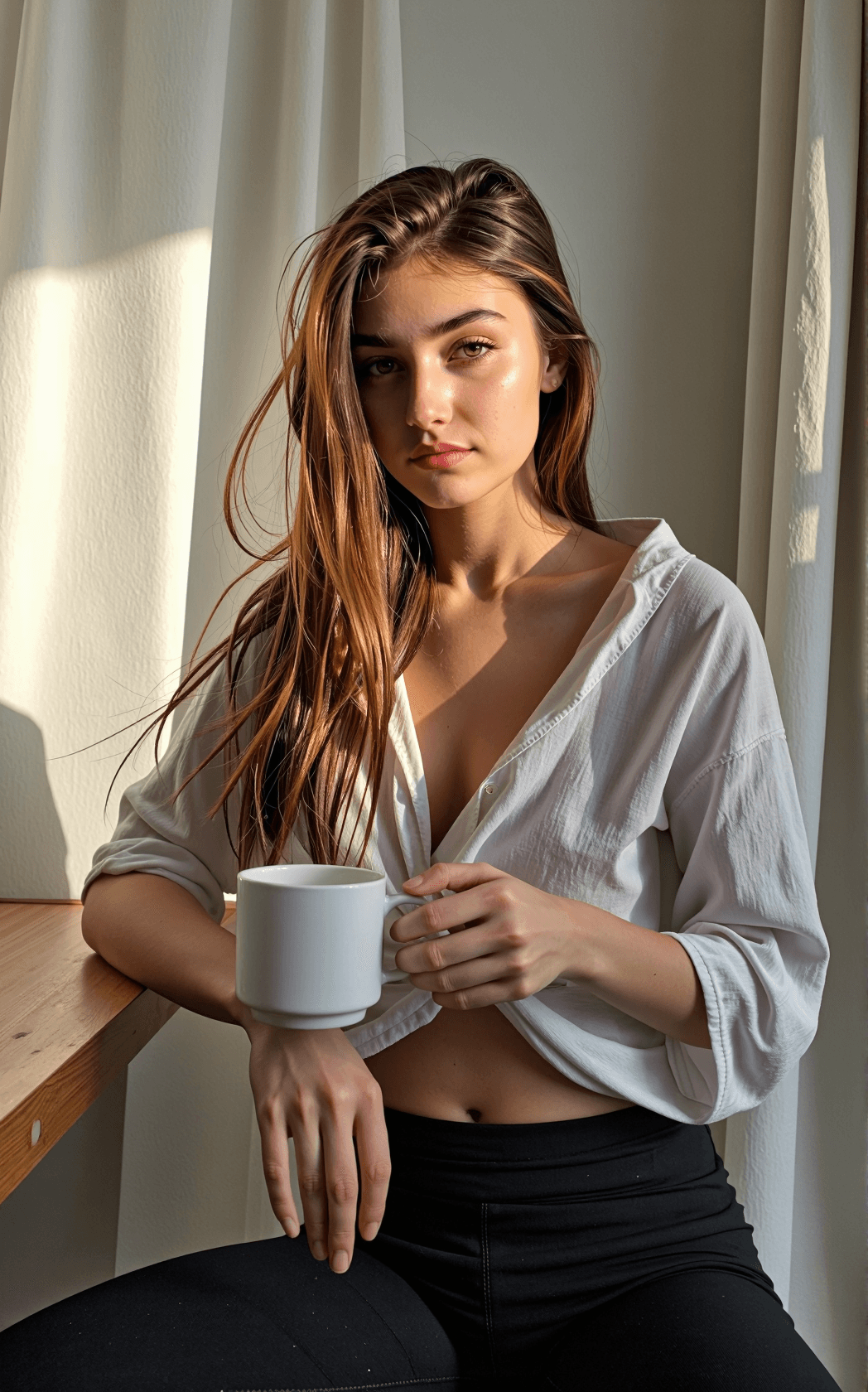 AI generated: A candid, ultra-high-resolution photograph of a young woman with long, tousled chestnut hair cascadi...