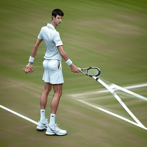 AI generated: Tennis player Novak Djokovic stands on the Center Court at Wimbledon, dressed in a white tennis outf...
