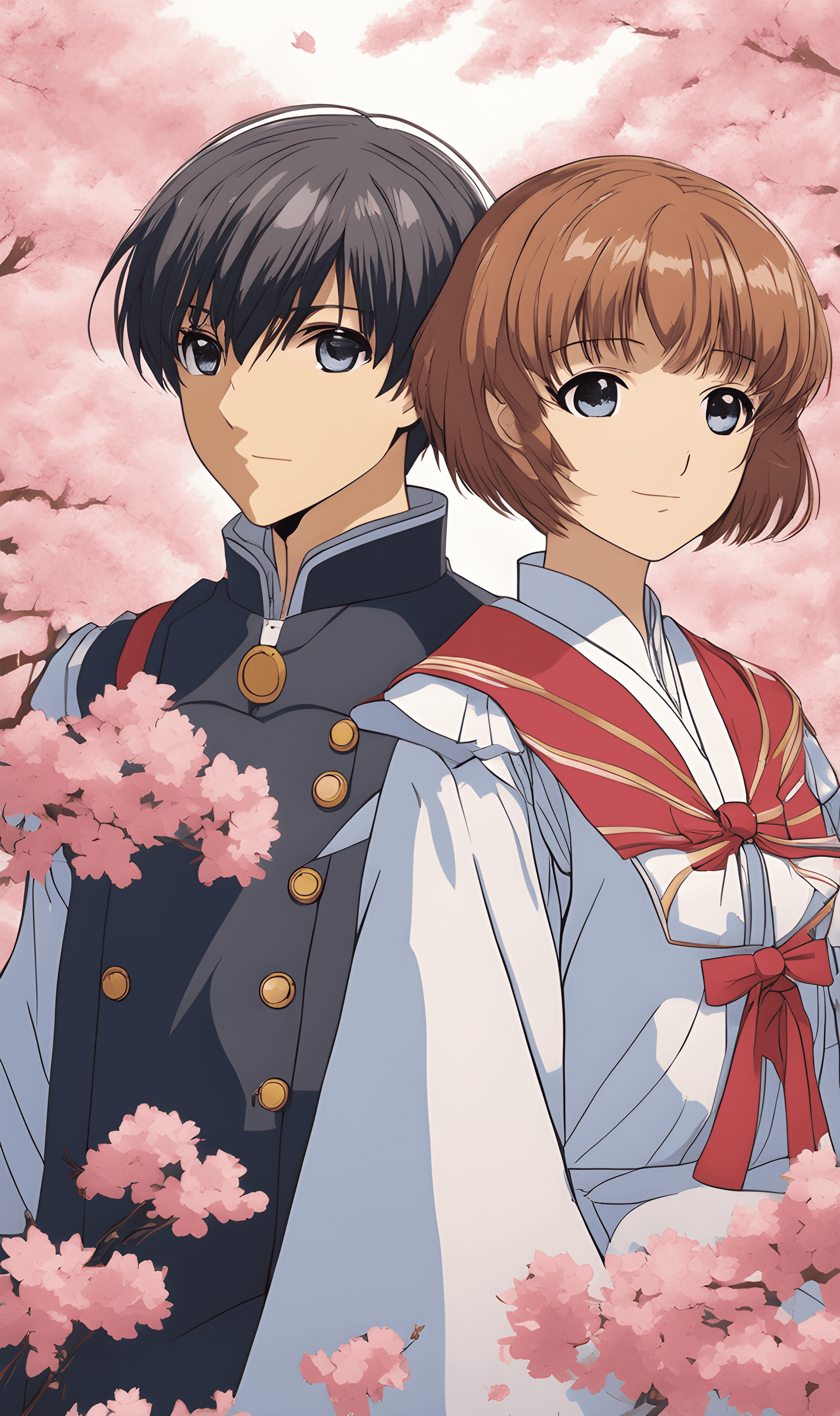 AI generated: a couple of anime characters standing next to each other, by Eizan Kikukawa, neo-romanticism, sakura...