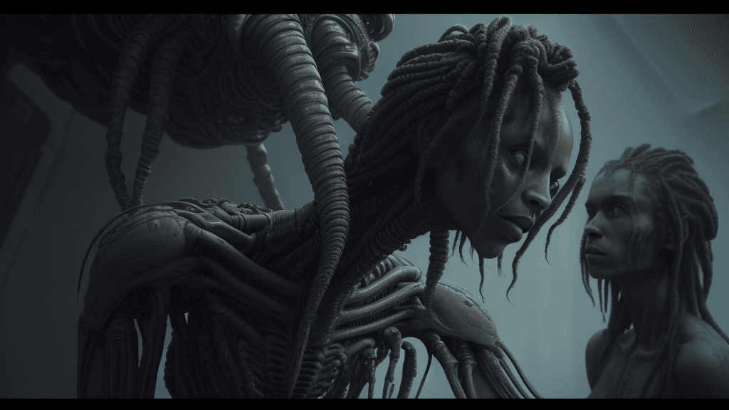 AI generated: a woman with dreadlocks and a body of hair in a scene from the film alien, movie still of a alien cy...