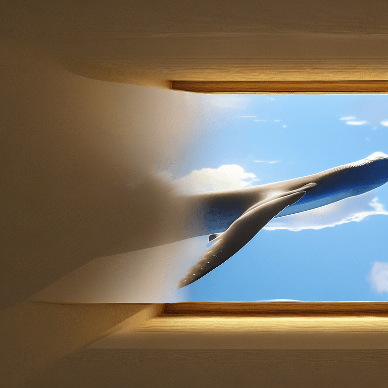 AI generated: High resolution photography interior design, dreamy cloud sky, blue whale flying in clouds, the suns...