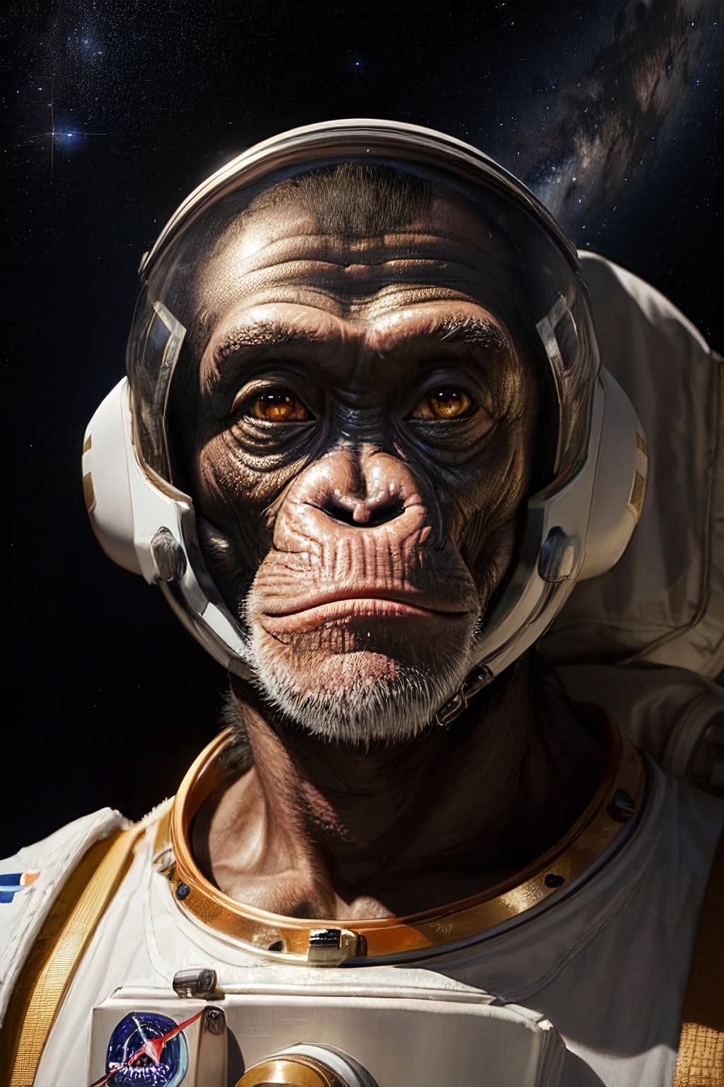AI generated: a chimpanzee wearing an (astronaut spacesuit), hyperrealistic, highly detailed, 8k, classical oil pa...