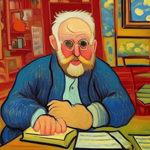 AI generated: [van gogh | matisse] Close-up of a jovial, (((burly, chubby old man))) with a heartwarming, ((shaggy...