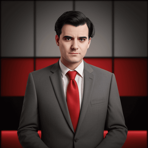 AI generated: a man wearing a suit and tie facing the audience, half body, red background, black hair and a little...