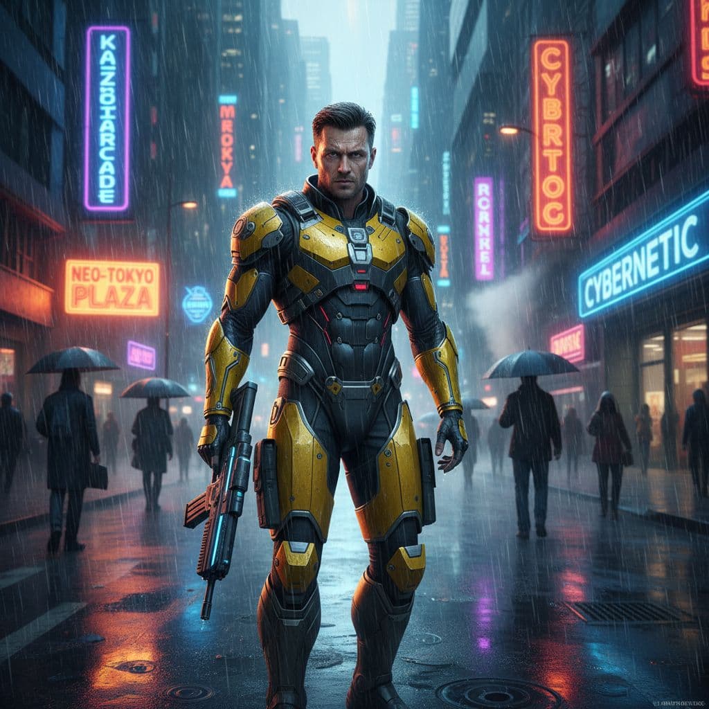 AI generated: A reference man in a futuristic yellow armored suit, without helmet and holding a gun stands in a ra...