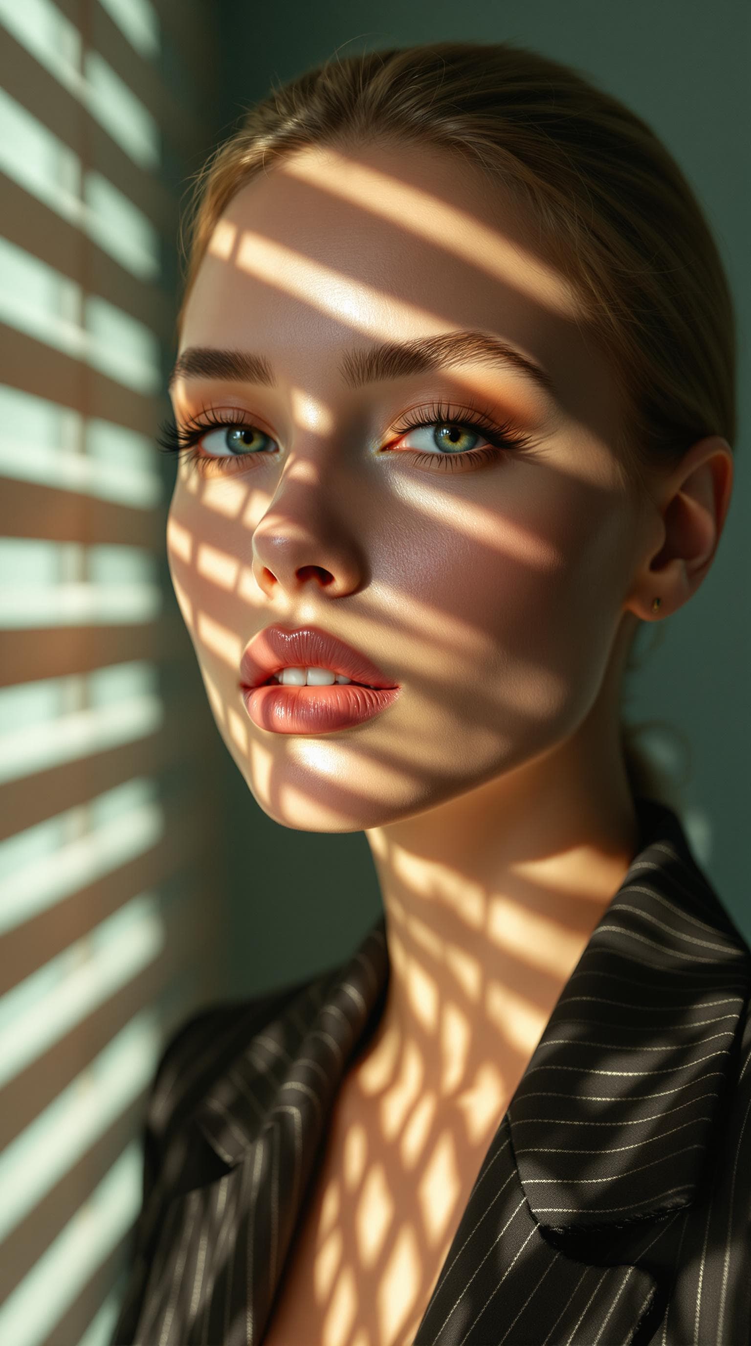 AI generated: Close-up portrait of an Alien woman illuminated by soft, warm afternoon light streaming through wind...