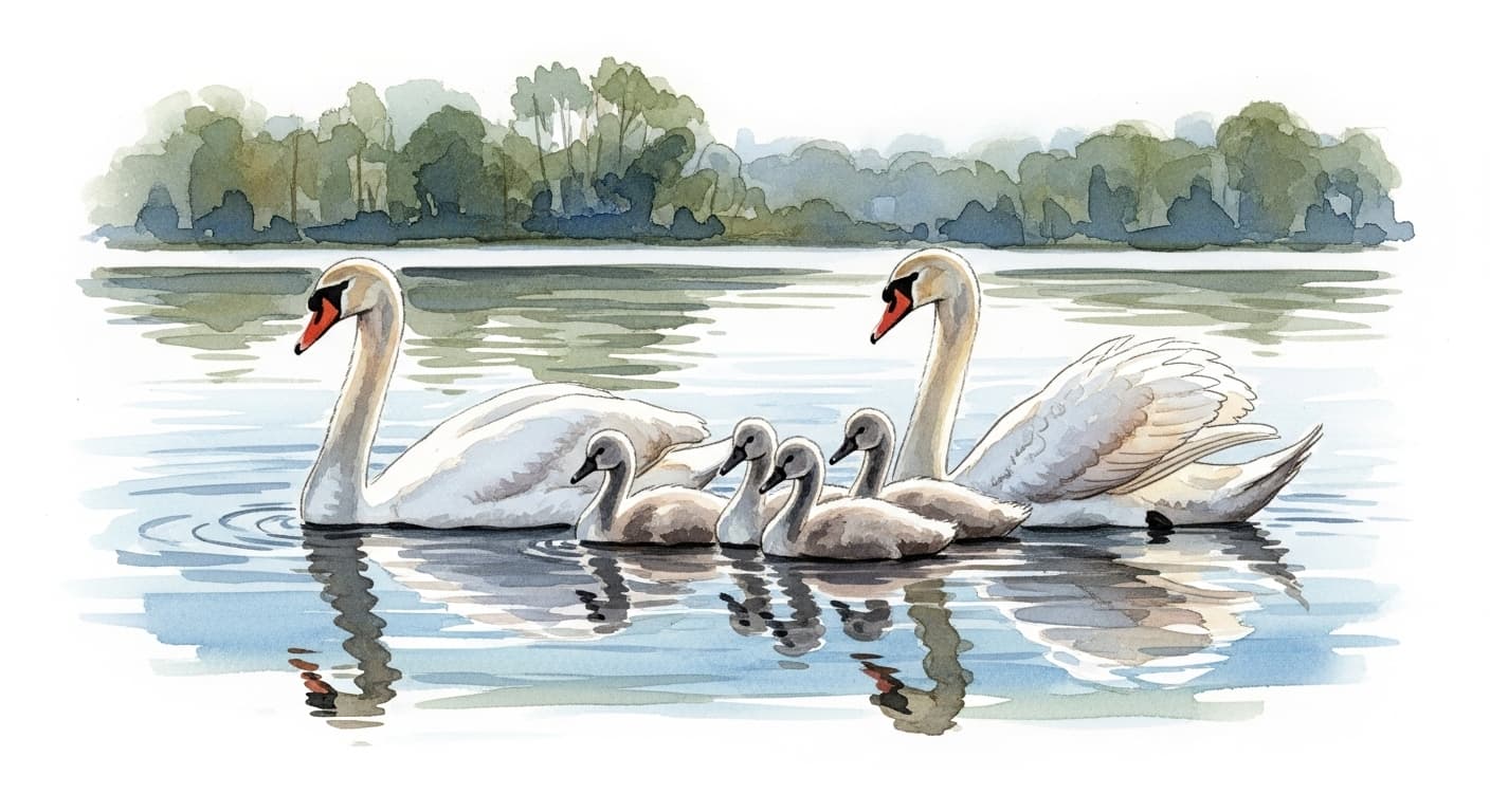 AI generated: A family of swans swims on the lake watercolor