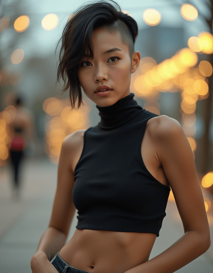 AI generated: High fashion head shot photo of a 25 year old asian woman, with cold eyes, glossy skin, natural with...