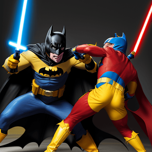 AI generated: YELLOW AND BLUE BATMAN a FIGHTS A BLACK MAN IN A RED SPANDEX SUIT, WITH YELLOW GLOVES AND BOOTS , SU...