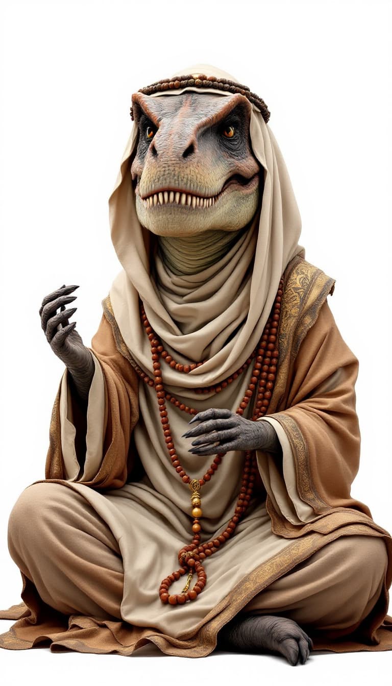 AI generated: a realistic tyrannosaurus rex, dressed in a middle-eastern spiritual master's robe, with a rosary in...