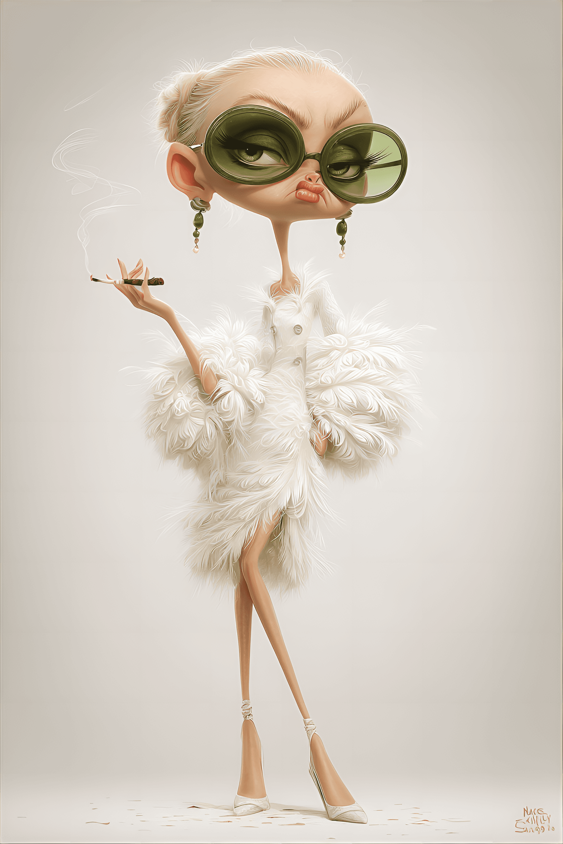 AI generated: funny caricature, eccentric fashionista character, female, unspecified ethnicity, 22 years old, pale...