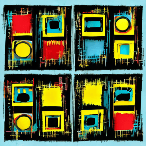 AI generated: Abstract pattern of 4 quadrants of dj equipment.  Primary colors of dark teal and dark yellow. In th...