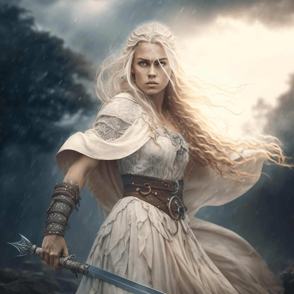 AI generated: majestic 4k platinum blonde viking woman Brown Eyes beautiful tender face, big lips, wearing dress h...