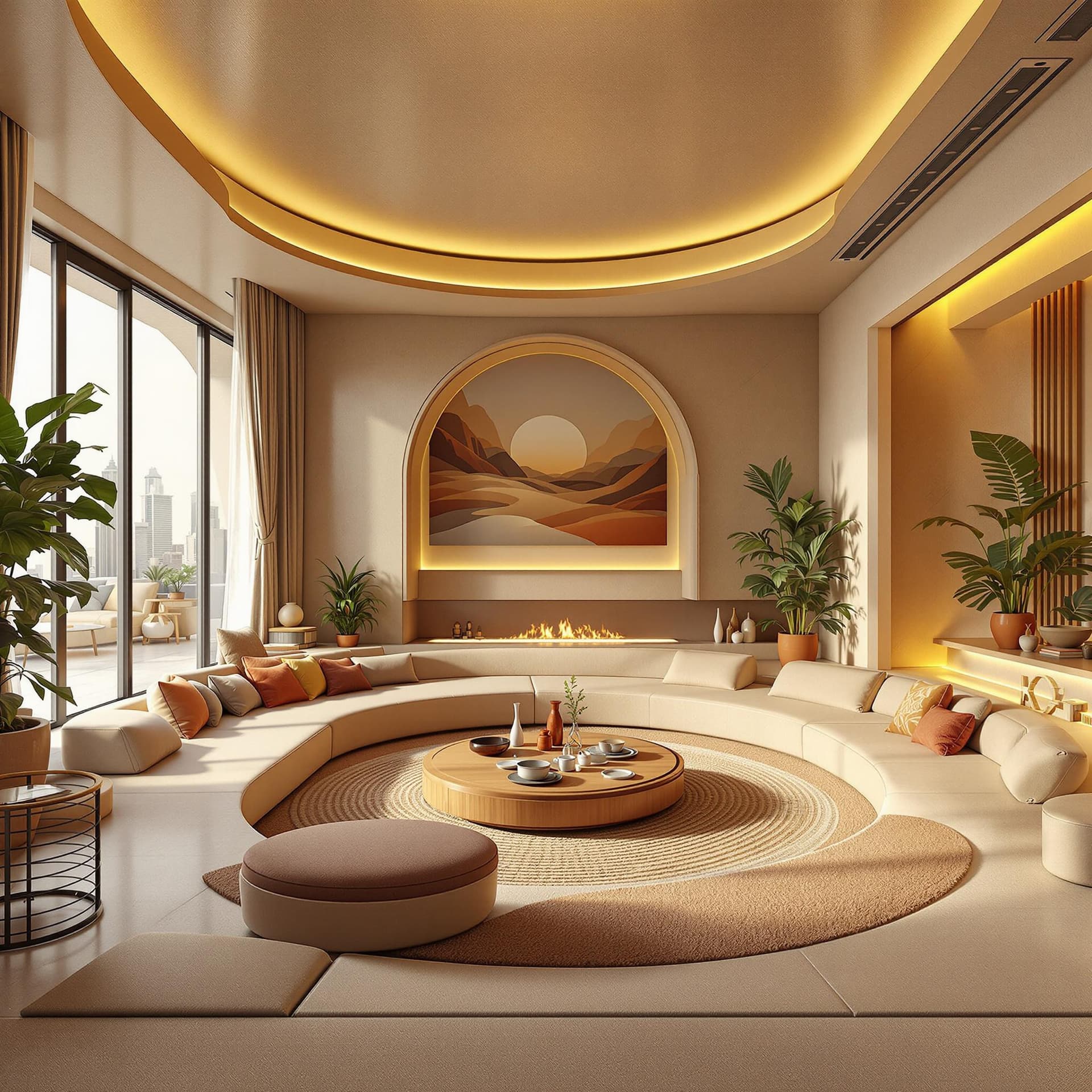 AI generated: sunken living room conversation pit 70s, retrofuturism interior design, imaginary 3d dreamy 8k blend...