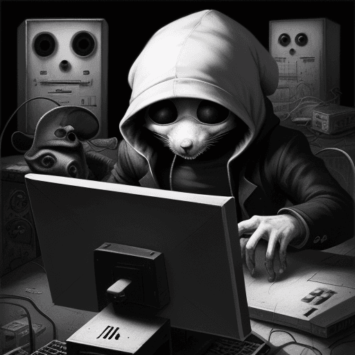 AI generated: Hacker rat , White hat , computers , Big rat , rat , hacker rat , no eyes , jump scary , old black a...