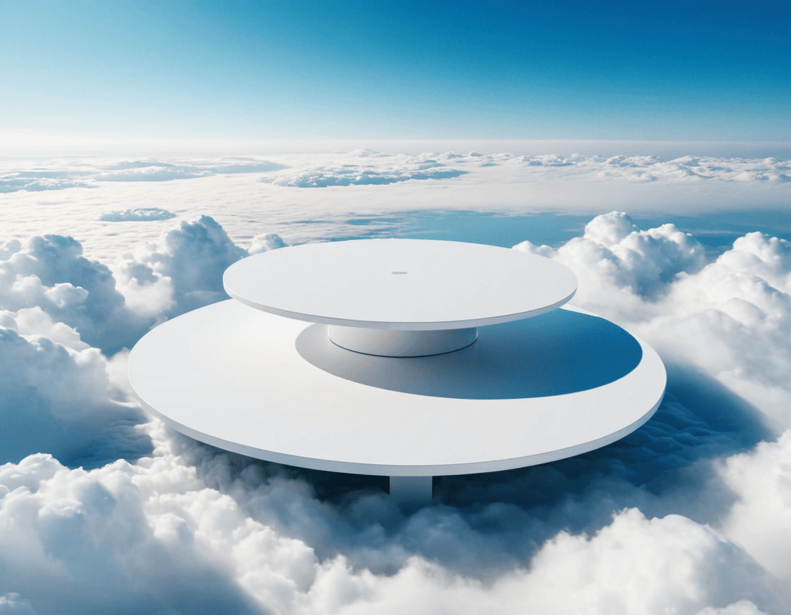 AI generated: a white platform in the middle of the clouds, trending on cg society, sky blue and white color schem...