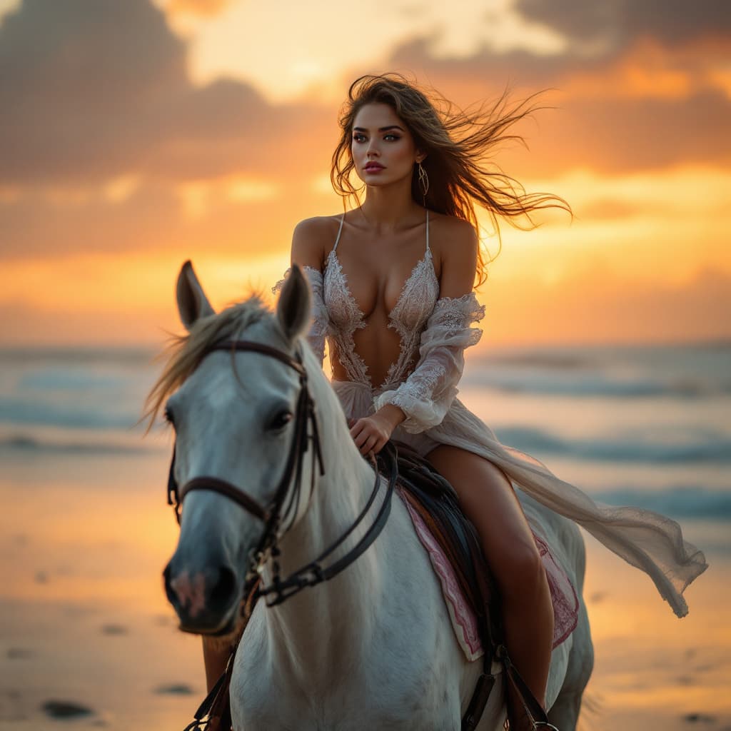 AI generated: a very beautiful lady riding a horse in a sexy clothes on a lonely beach , sunset, dynamic lighting,...