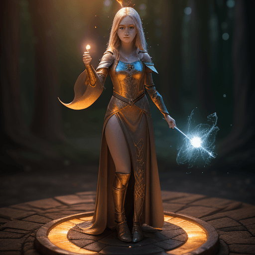 AI generated: Beautiful young female wizard, casting spells centered, with full body view embers, bokeh, lens flar...
