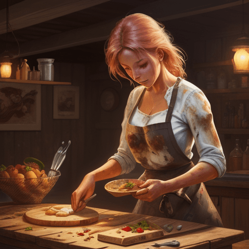 AI generated: woman preparing food on a rustic wooden table, program:: clip studio painting, made by charlie bowat...