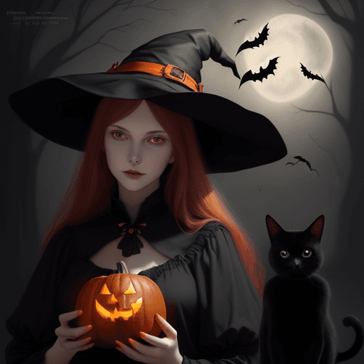AI generated: painting of beautiful women in witch hats , with one black cat, in the style of patty maher, photo, ...