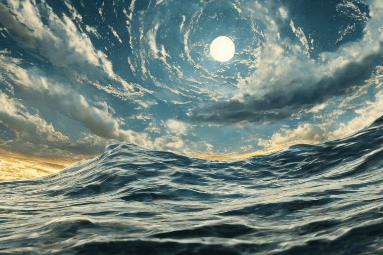 AI generated: complex 3d render ultra detailed, 8k, full moon night sky, torquoise sea foamy waves, a mossy intric...