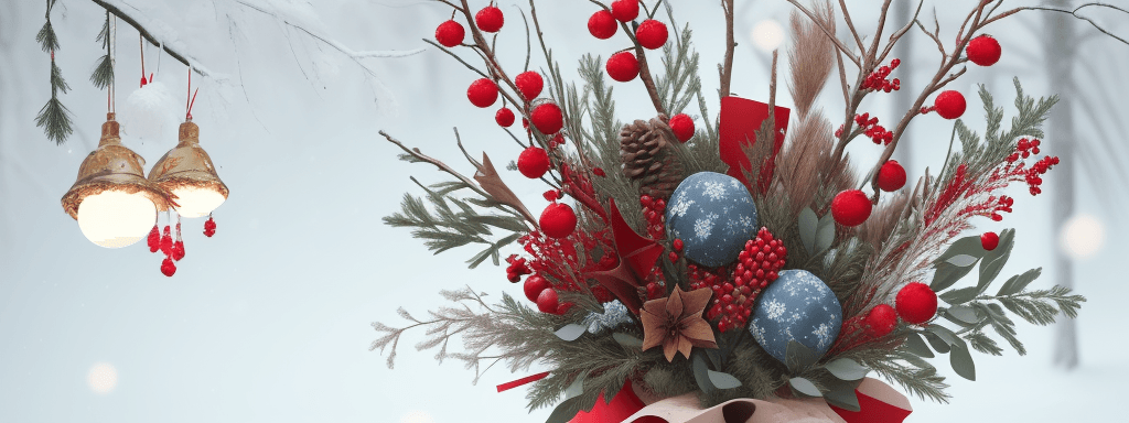 AI generated: sky, branches, cones, red winter berries, cinnamon sticks, New Year's balls and spruce branches. col...