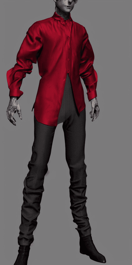AI generated: man's scarlet shirt in gothic style, material silk, puff sleeves, 3D model, very symmetrical shirt, ...