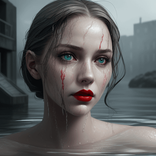 AI generated: the face of woman with beautiful grey eyes and red lips, in water, in the style of dystopian realism...