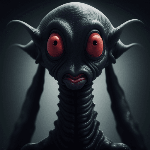 AI generated:  high quality foto of a blind black alien monster, without mouth, long tentacle, big warts, blind, 8...