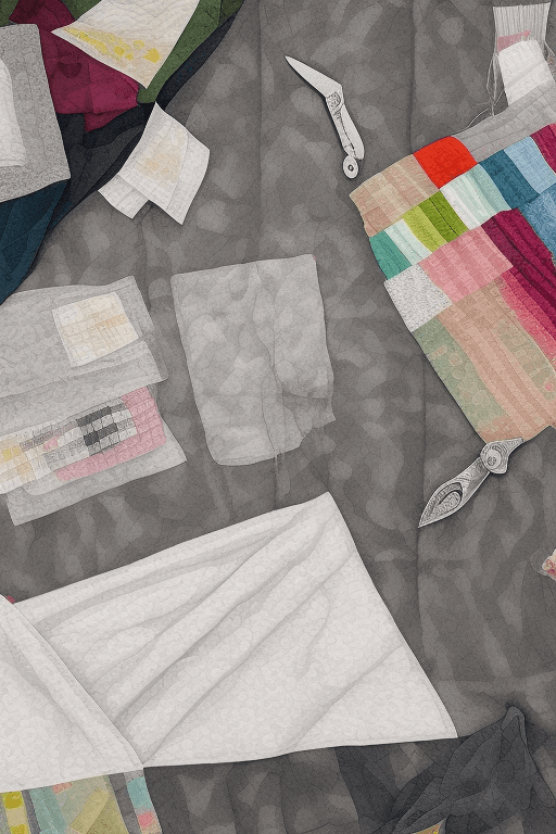 AI generated: Illustrate a grayscale tranquil setting where a quilt is being made, with a table surrounded by fabr...