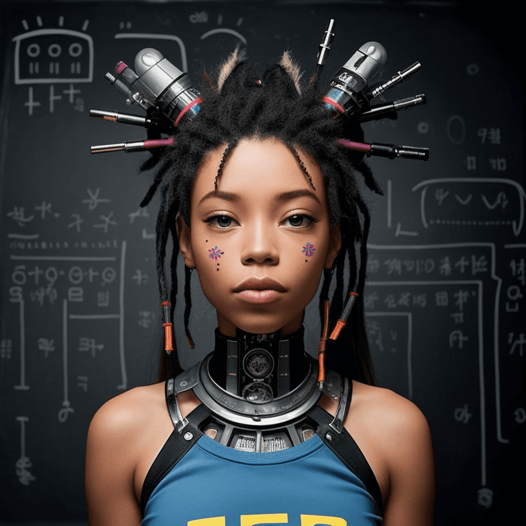 AI generated: by Jean Michel Basquiat,a cyborg girl, <lora:DI_belle_delphine_v1:0.8>