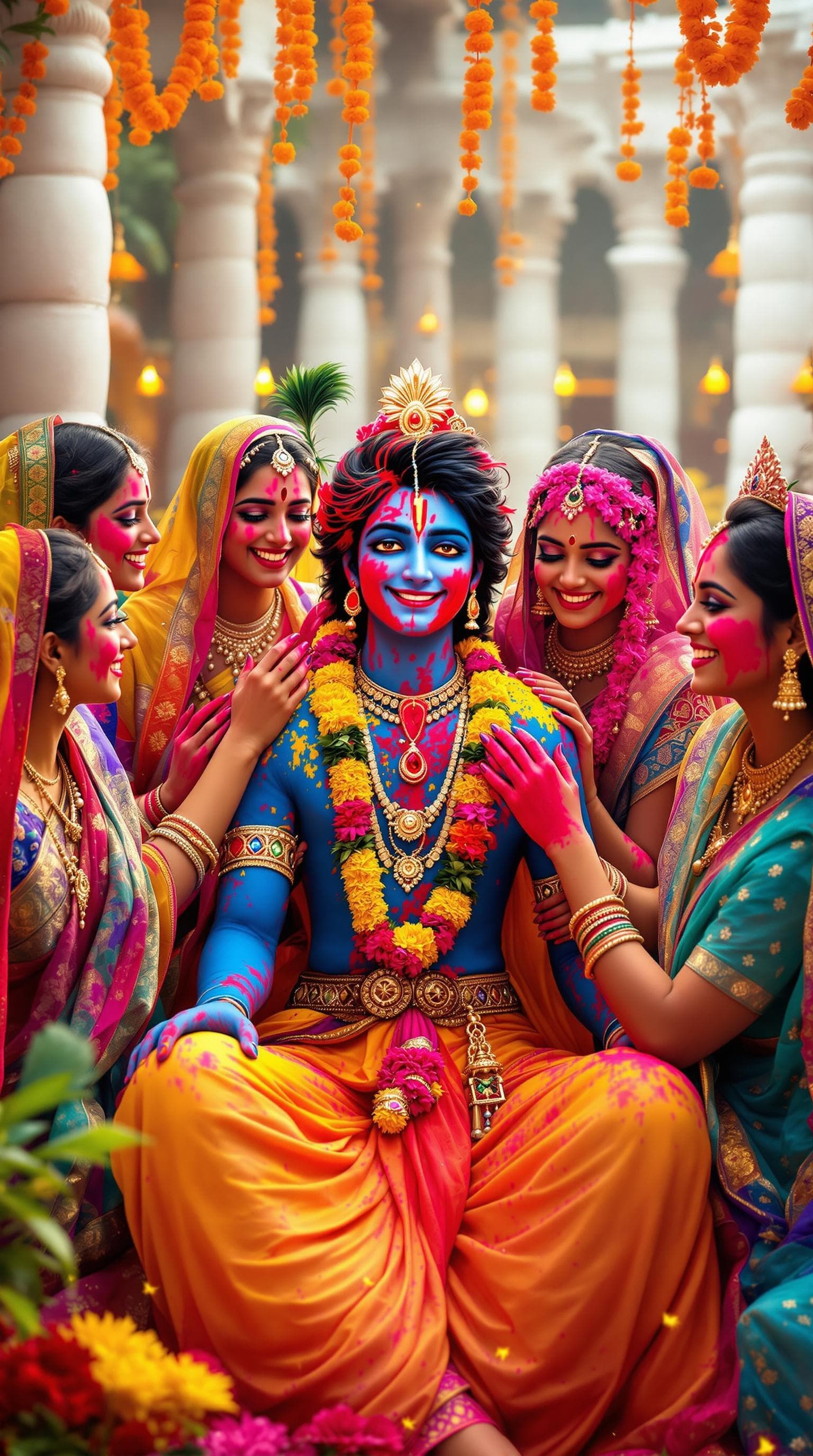 AI generated: "A high-detail, ultra-HD image of Krishna surrounded by laughing Gopis, all dressed in colorful lehe...
