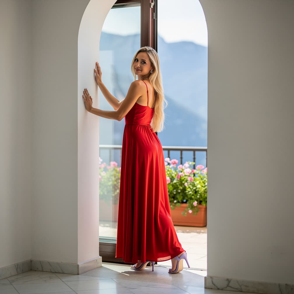 AI generated: A woman in a red dress and high heels is posing suggestively by a window overlooking a mountainous l...
