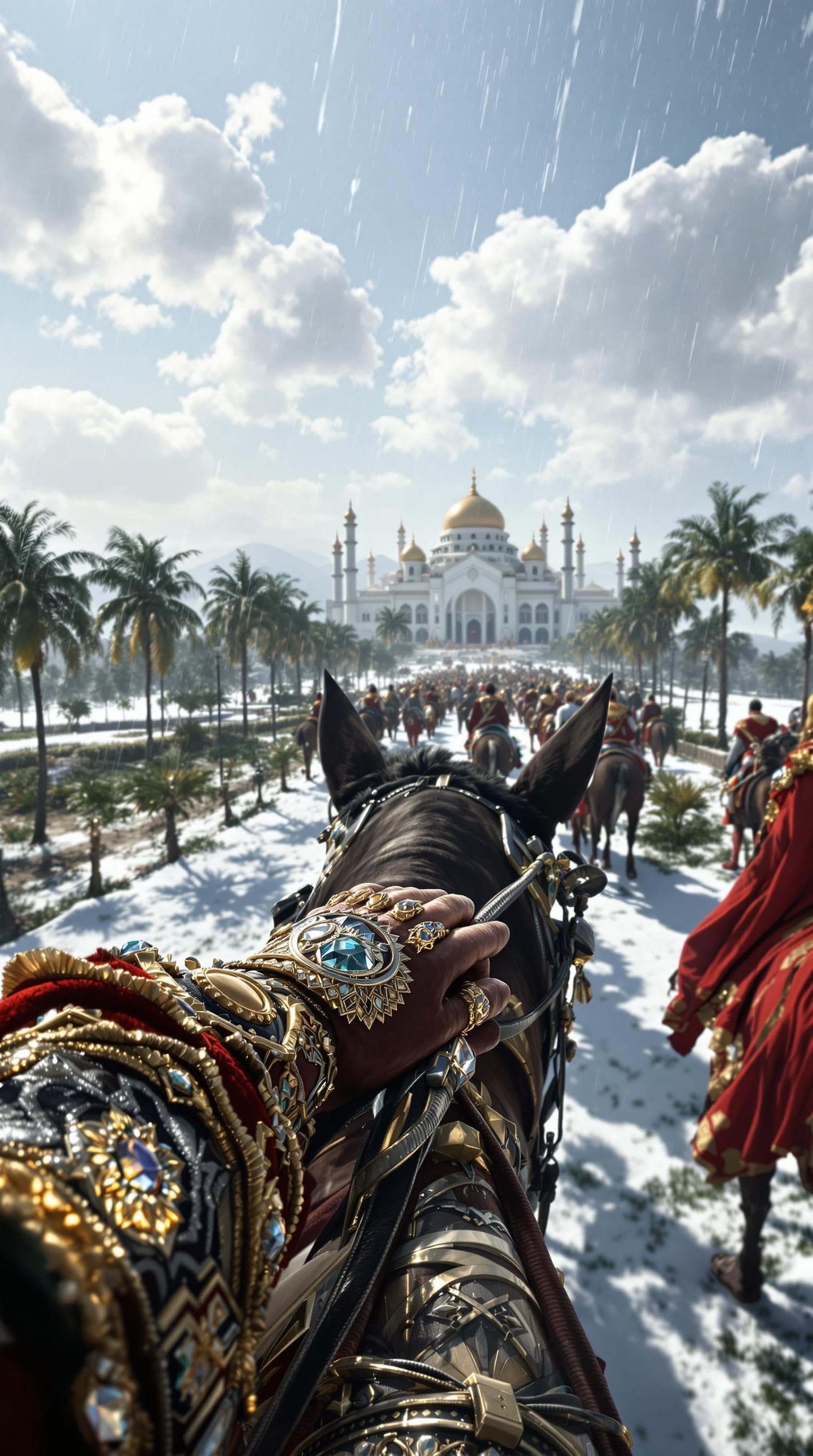 AI generated: First person POV, the male hands grip the reins of his majestic horse, adorned with intricate Ottoma...