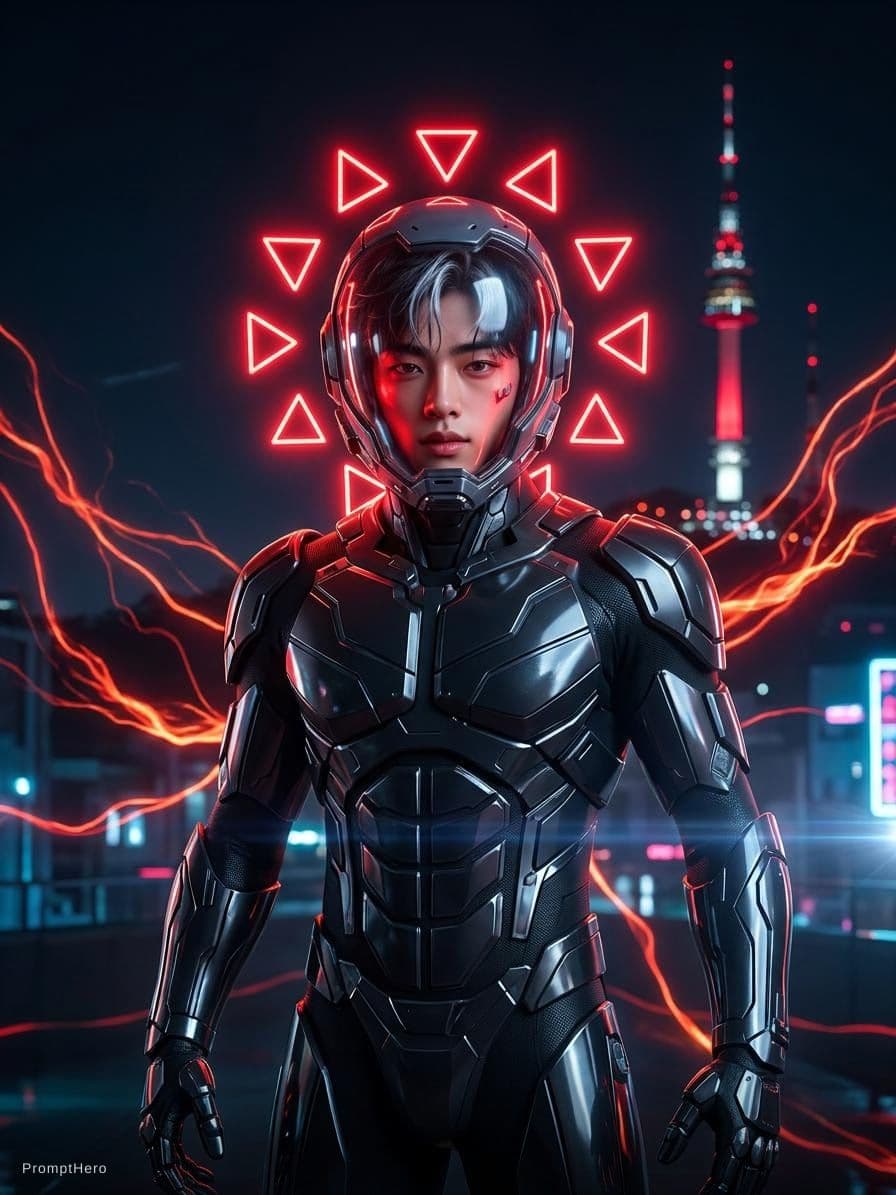 AI generated:  futuristic cyborg boy featuring a captivating reflective cybernetic helmet adorned with glowing tri...