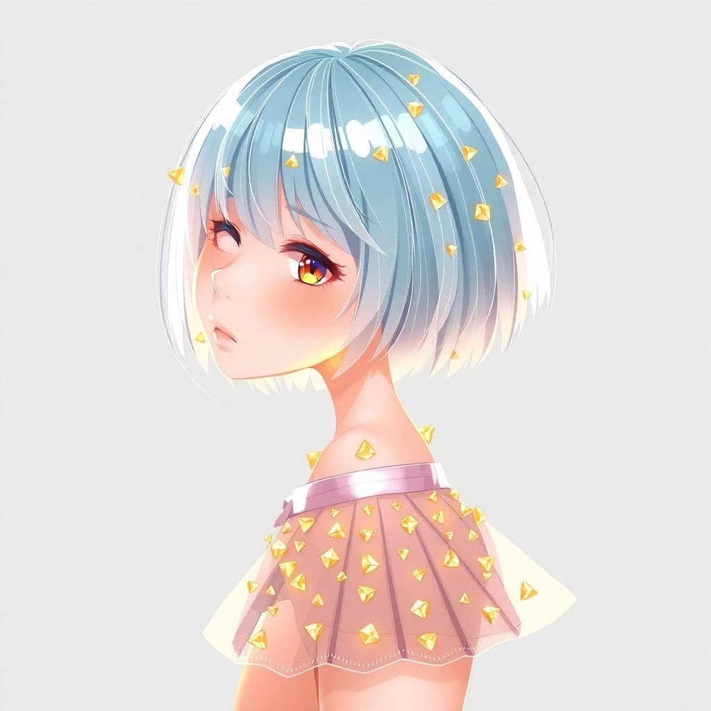 AI generated: Transparent short hair and short skirt girl made of gold diamonds
