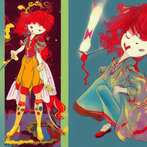 AI generated: a woman dressed as a clown with red hair, in the style of magical girl, colorful moebius, light yell...