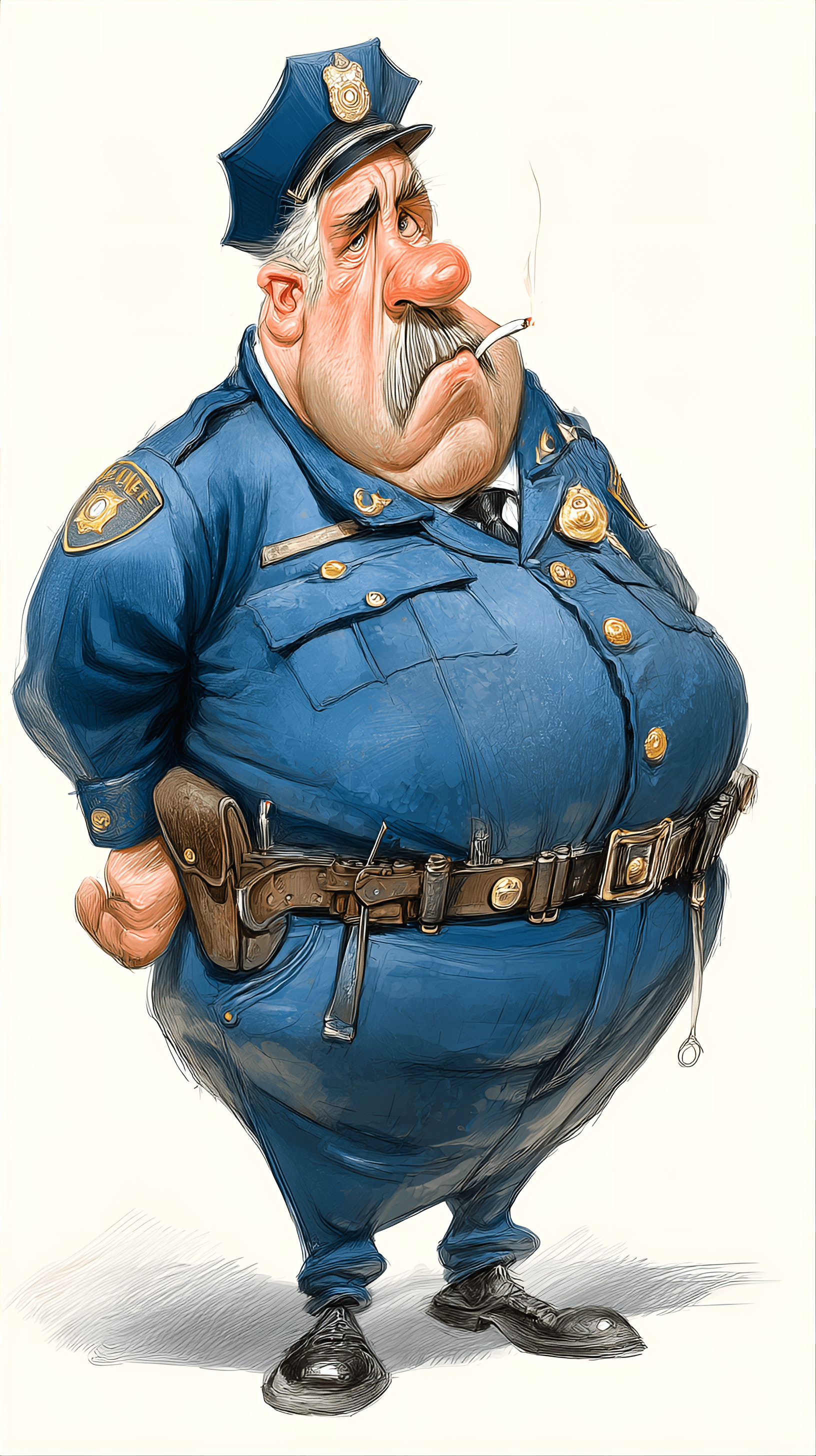 AI generated: funny caricature, rotund police officer, male, 50 years old, stout, stern, authoritative, exaggerate...