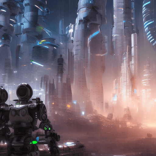 AI generated: scifi people standing surrounded by huge sci fi robotic cyborg city with intricate mechancial and sc...