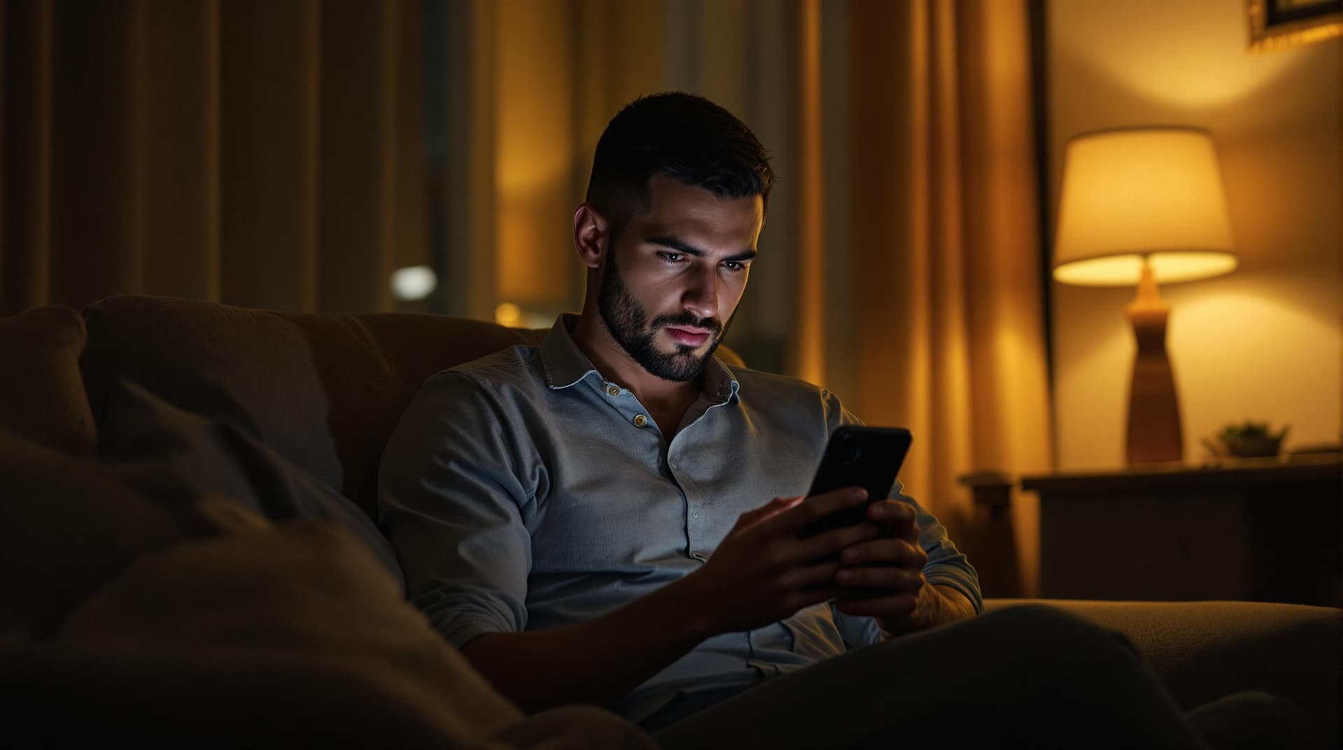 AI generated: "Create an ultra-realistic, ultra 4K image of Men alone in his modest flat at night. He should be se...